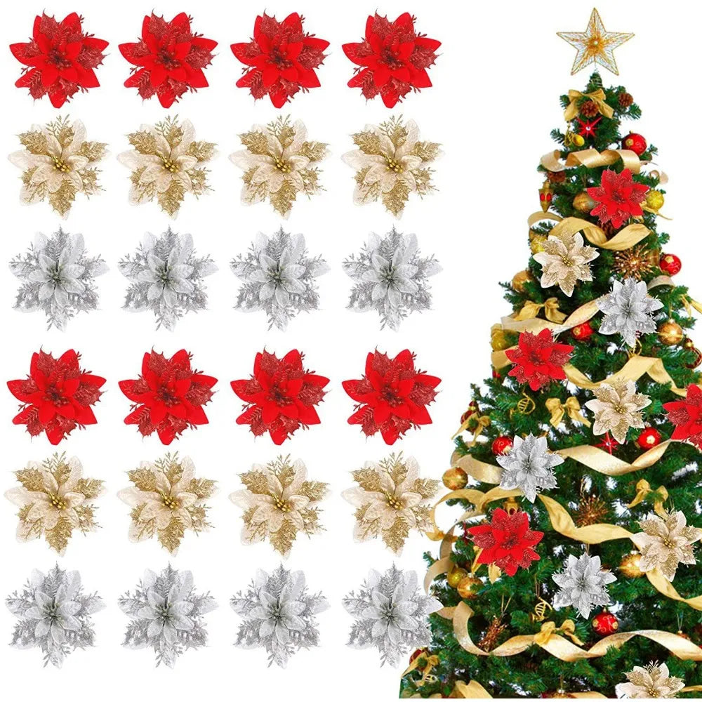 10PCS Christmas Flowers Red Gold Bling Flower Heads For Noel Home Tree Decorations Navidad Party Table Setting Decor Supplies